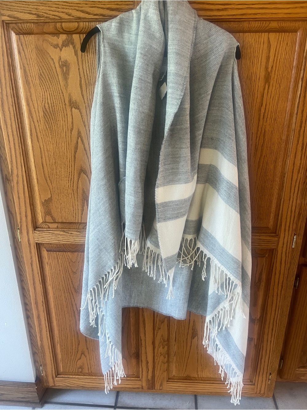 a new day Gray and White Striped Fringe Open-Front Sweater Wrap